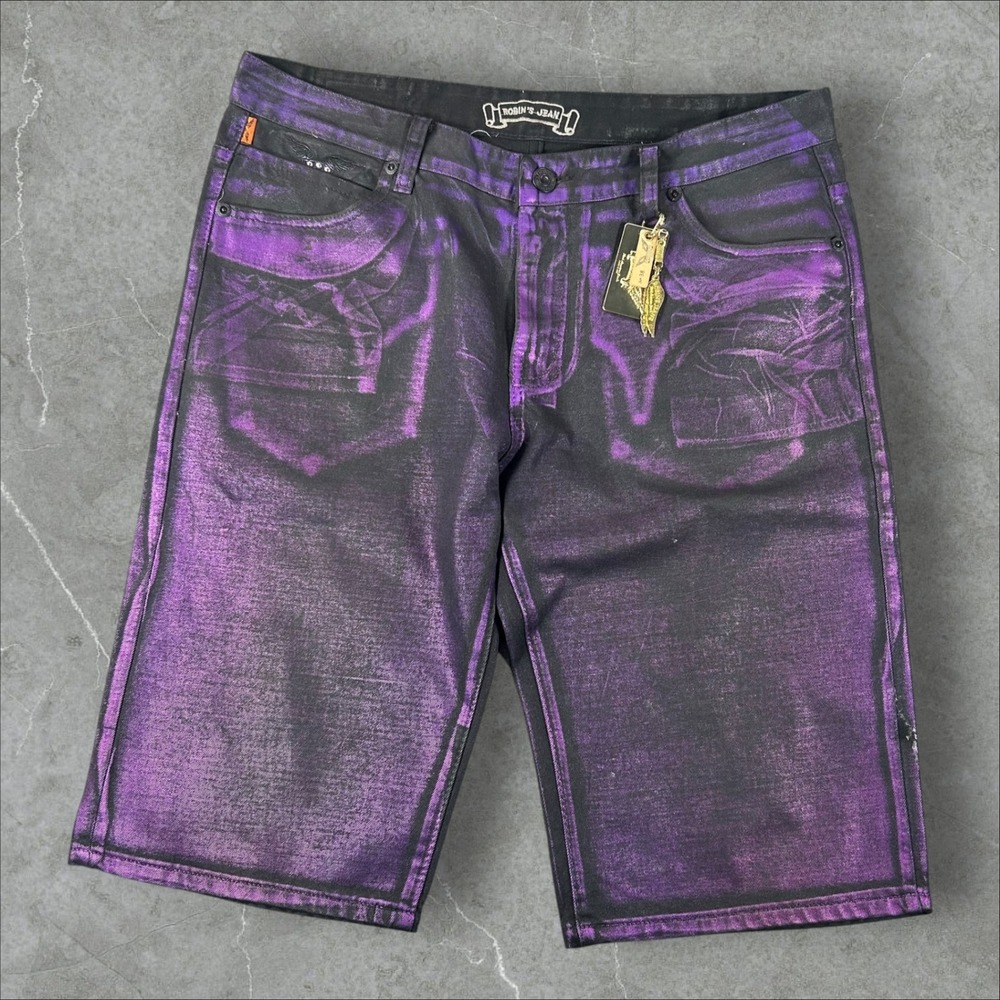 Robin's Jean Denim Shorts Mens 38 Purple Black Metallic Crystal Wing Gold Metal